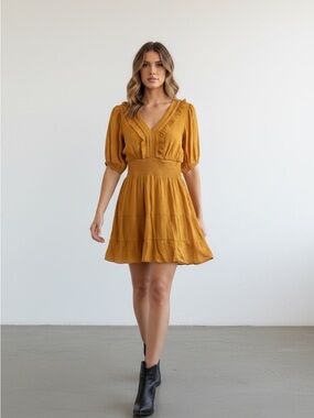 Mustard V-Neck Ruffle Short Dress